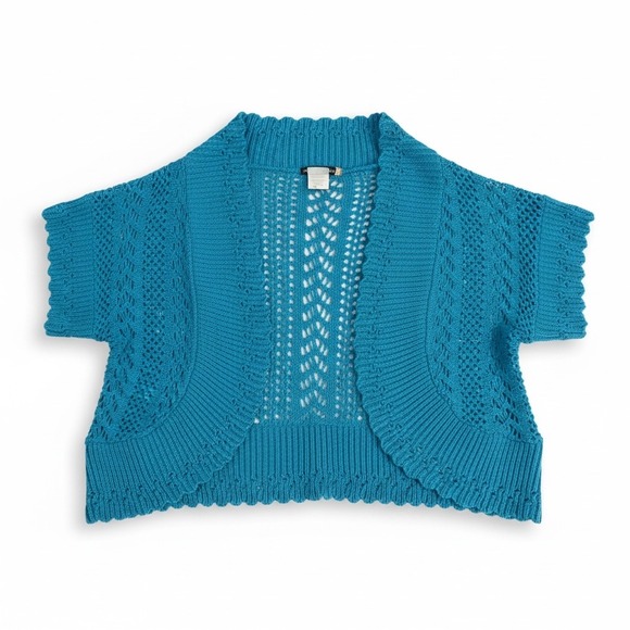 Sweaterworks Sweaters - Sweaterworks Bolero Shrug SmTurquoise Blue Pointelle Open Knit Cropped Coastal